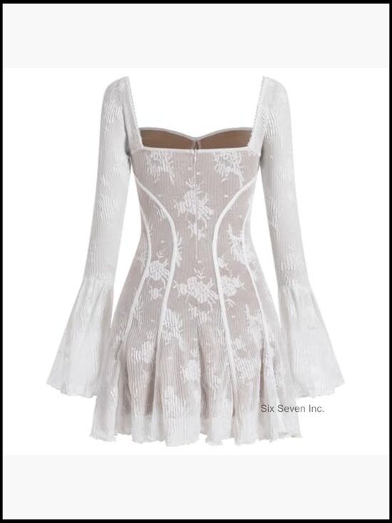 Long Sleeve Corset Mini Dress with Floral Lace and Bell Sleeves - Picture 2 of 4